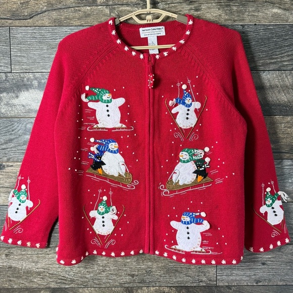 Vintage 90s Heirloom Christmas Snowman Cardigan Skiing Sleigh Riding Fun Size XL - Picture 3 of 11